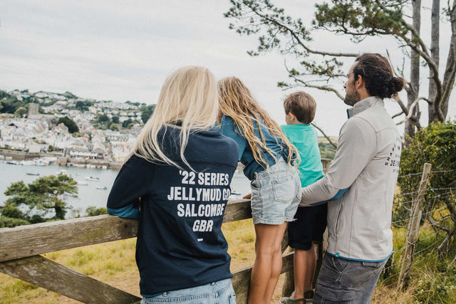 Woman wearing Jellymud bamboo sweatshirt looking at the view of Salcombe