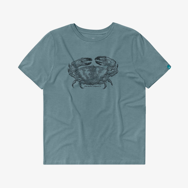 Front view of Jellymud women's lead blue bamboo t-shirt, featuring a limited edition John Aspden crab print in black 