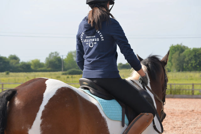 Back view of Jellymud Juniors' Bridle Bamboo Hoodie in Navy. Equestrian inspired print.
