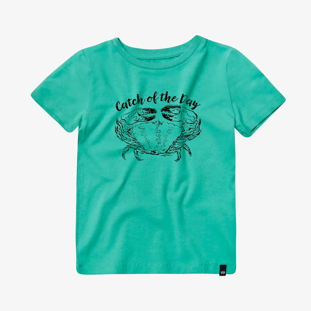 Front view of Kids aqua bamboo t-shirt featuring John Aspden's limited edition print. The bold design showcases a playful crab against an aqua background, capturing the essence of Salcombe's coastal charm.