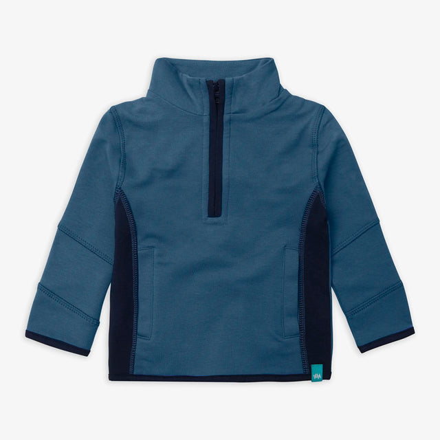 Front view of Jellymud Kids' Ridge Sweatshirt. Made from bamboo and organic cotton with quarter zip.