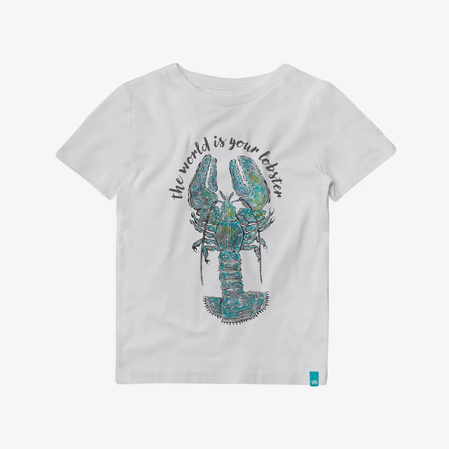 Front view of a Jellymud kids' white bamboo t-shirt featuring a John Aspden lobster print. Limited edition design by Salcombe artist. Comfort and artistry combined.