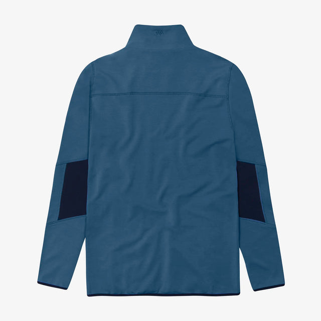 A back view of the Jellymud Men's Peak Quarter Zip Sweatshirt in blue. The sweatshirt is made from a blend of sustainable materials, including bamboo and organic cotton. It features a quarter-zip neckline and a relaxed fit, perfect for casual and comfortable wear.
