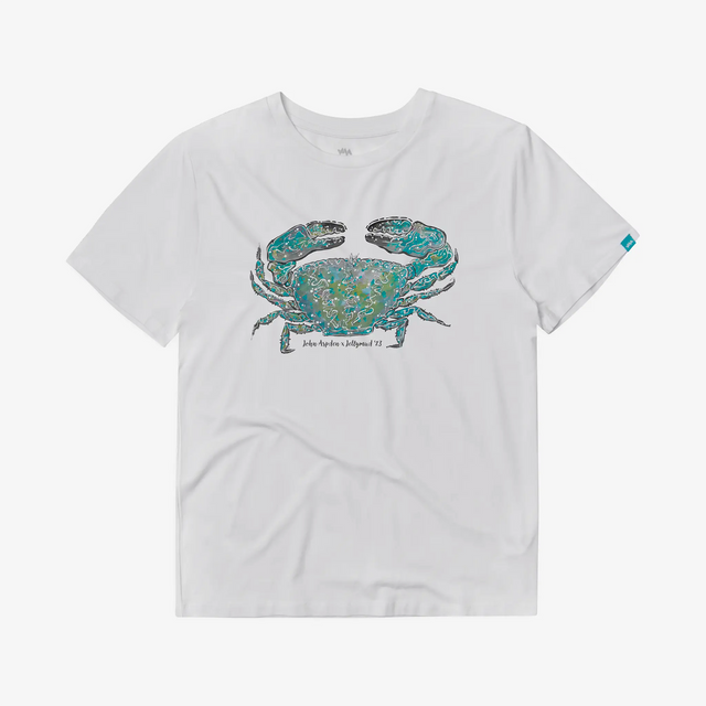 Front view of men's white bamboo t-shirt featuring a limited edition John Aspden crab print. The design showcases a vibrant crab against a white background, adding a touch of coastal artistry to the shirt.