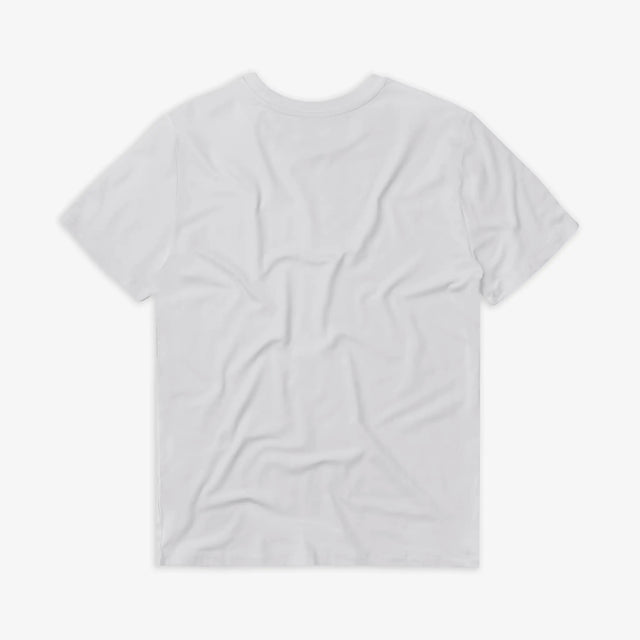 Back view of Men's Sailboat Bamboo T-Shirt: White tee featuring a stylish sailboat graphic print on the front, made from sustainable bamboo fabric.