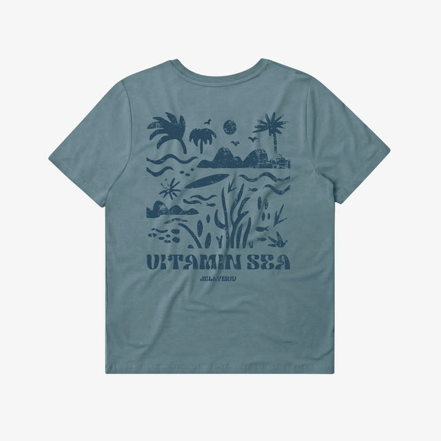 Jellymud Women's Vitamin Sea Bamboo T-Shirt. Women's Bamboo T-Shirt in Lead Blue. Featuring a playful Vitamin Sea graphic on the back.