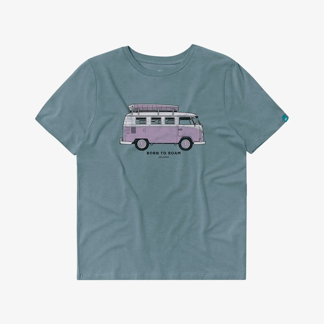 Women's Campervan Bamboo T-Shirt. Women's Lead Blue Bamboo T-Shirt, featuring a camper van print on the front. 