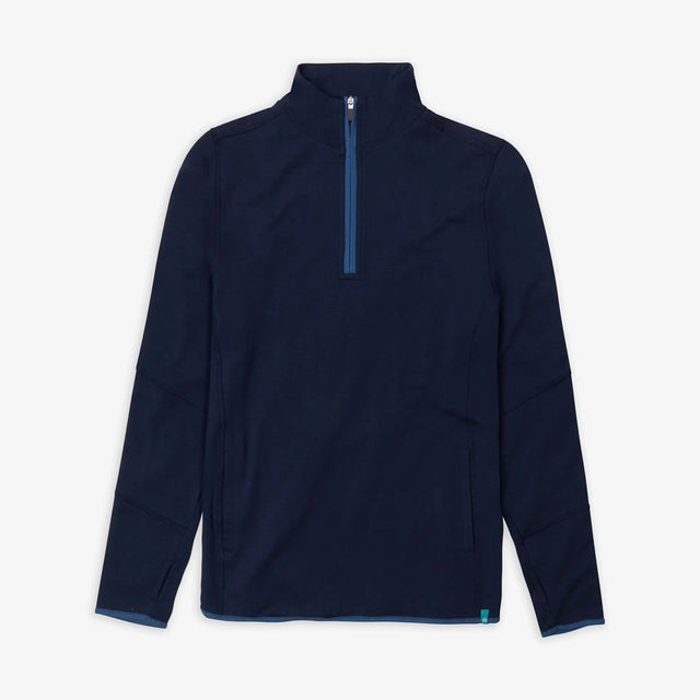 Front view of Jellymud Women's Peak Quarter Zip Sweatshirt in navy, showcasing its classic design and high-quality materials for outdoor comfort and style.