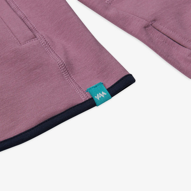 Close up view of Jellymud Women's Peak Quarter Zip Sweatshirt, showcasing its classic design and high-quality materials for outdoor comfort and style.