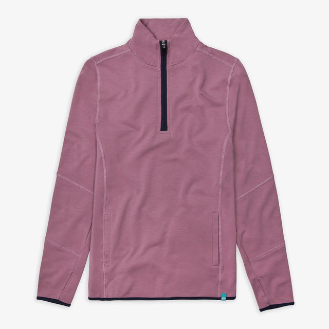 Front view of Jellymud Women's Adventure Bamboo Sweatshirt in pink. Featuring a quarter-zip fastening and side pockets.