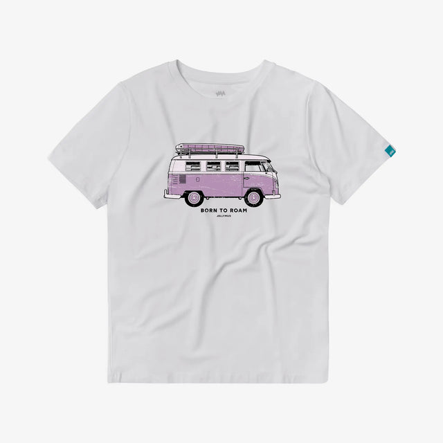 Jellymud Women's Campervan Bamboo T-Shirt in White. Featuring a camper van print on the front.